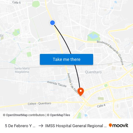 5 De Febrero Y Tremec to IMSS Hospital General Regional 1 Querétaro map