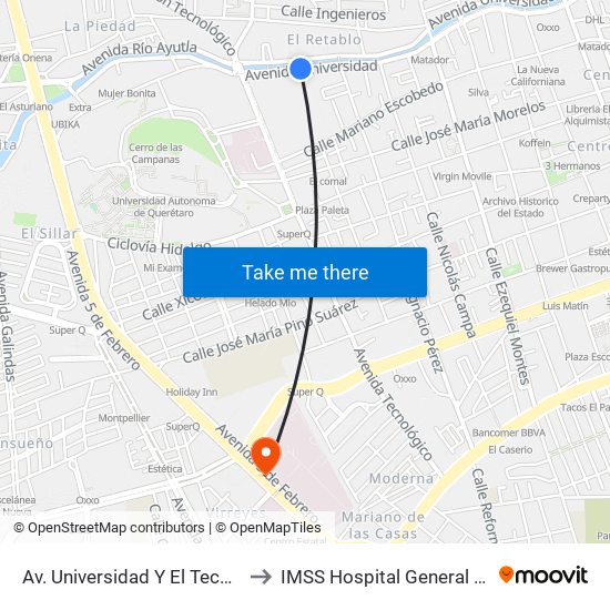 Av. Universidad Y El Tecnologico De Queretaro to IMSS Hospital General Regional 1 Querétaro map