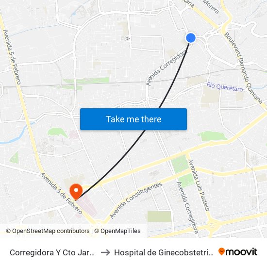 Corregidora Y Cto Jardín to Hospital de Ginecobstetricia map