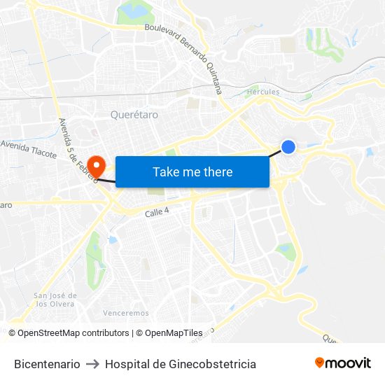 Bicentenario to Hospital de Ginecobstetricia map