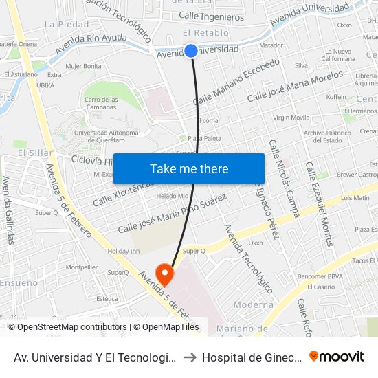 Av. Universidad Y El Tecnologico De Queretaro to Hospital de Ginecobstetricia map