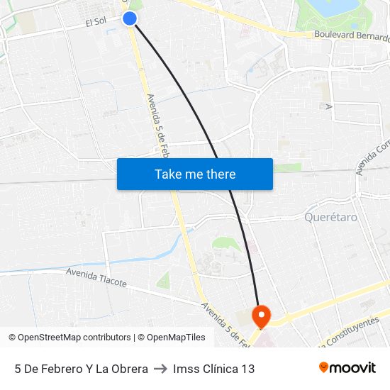 5 De Febrero Y La Obrera to Imss Clínica 13 map