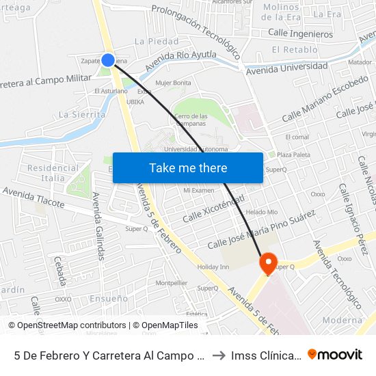 5 De Febrero Y Carretera Al Campo Militar to Imss Clínica 13 map