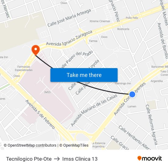 Tecnilogico Pte-Ote to Imss Clínica 13 map