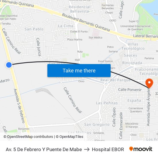 Av. 5 De Febrero Y Puente De Mabe to Hospital EBOR map