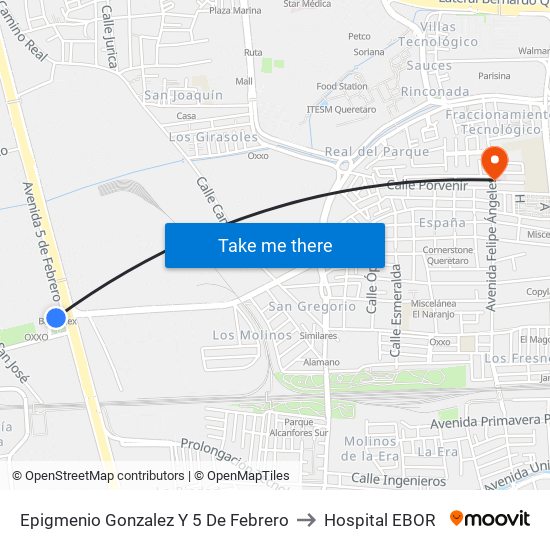 Epigmenio Gonzalez Y 5 De Febrero to Hospital EBOR map