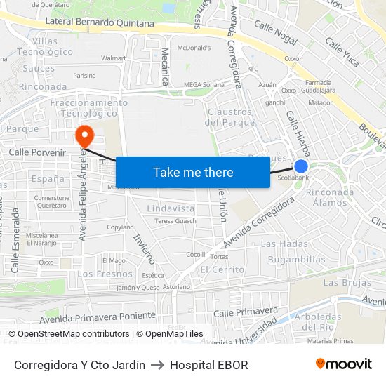 Corregidora Y Cto Jardín to Hospital EBOR map