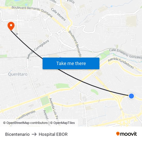 Bicentenario to Hospital EBOR map