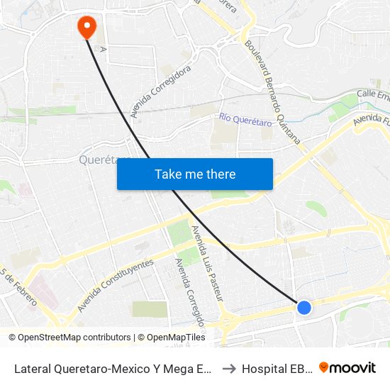 Lateral Queretaro-Mexico Y Mega Estadio to Hospital EBOR map