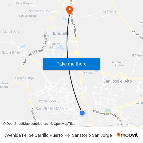 Avenida Felipe Carrillo Puerto to Sanatorio San Jorge map