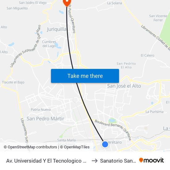 Av. Universidad Y El Tecnologico De Queretaro to Sanatorio San Jorge map