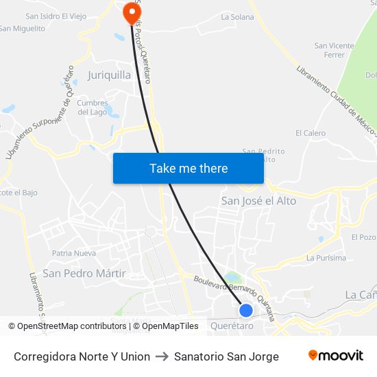 Corregidora Norte Y Union to Sanatorio San Jorge map