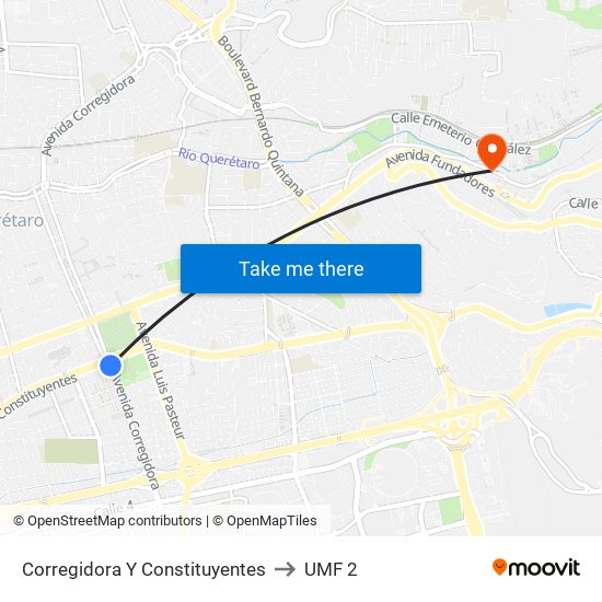 Corregidora Y Constituyentes to UMF 2 map