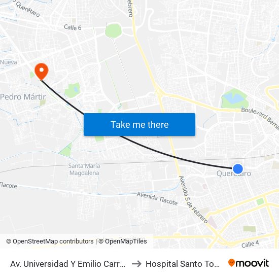 Av. Universidad Y Emilio Carranza to Hospital Santo Tomás map
