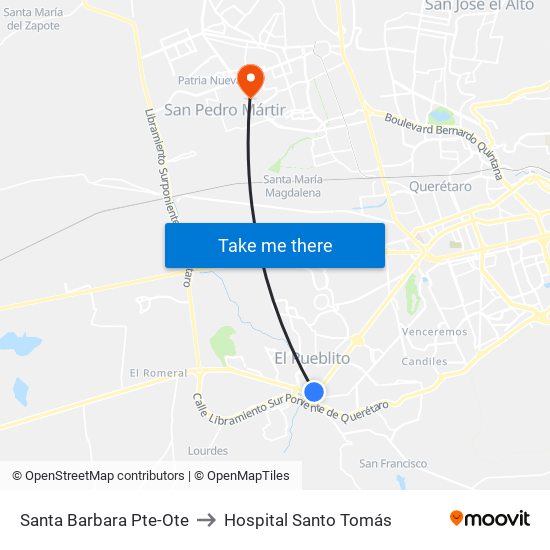 Santa Barbara Pte-Ote to Hospital Santo Tomás map