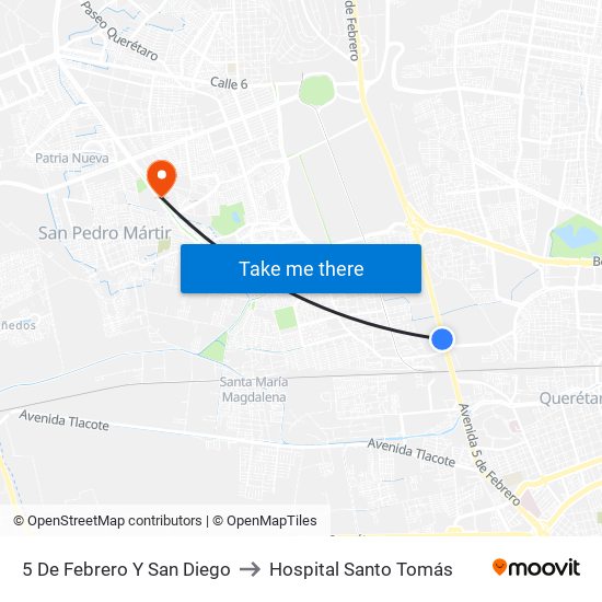5 De Febrero Y San Diego to Hospital Santo Tomás map