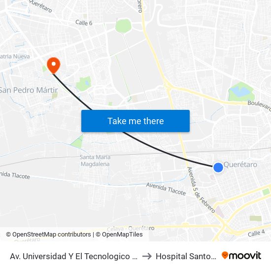 Av. Universidad Y El Tecnologico De Queretaro to Hospital Santo Tomás map