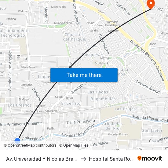 Av. Universidad Y Nicolas Bravo to Hospital Santa Rosa map