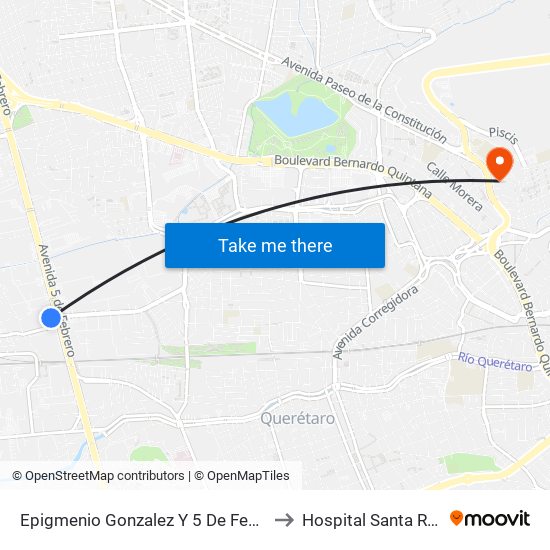 Epigmenio Gonzalez Y 5 De Febrero to Hospital Santa Rosa map