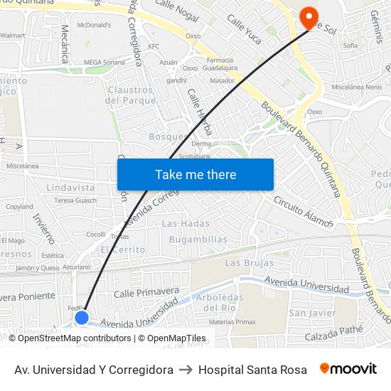 Av. Universidad Y Corregidora to Hospital Santa Rosa map