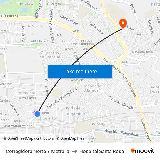 Corregidora Norte Y Metralla to Hospital Santa Rosa map