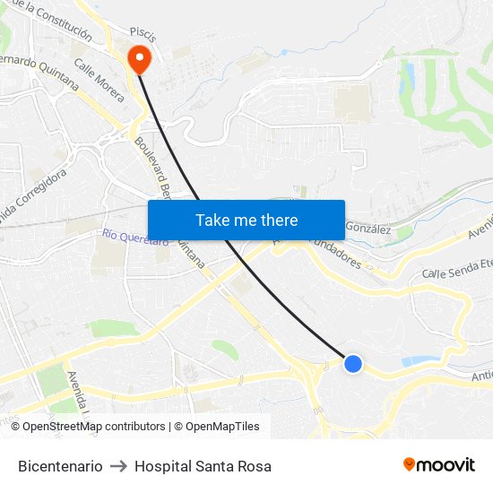 Bicentenario to Hospital Santa Rosa map