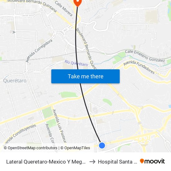 Lateral Queretaro-Mexico Y Mega Estadio to Hospital Santa Rosa map