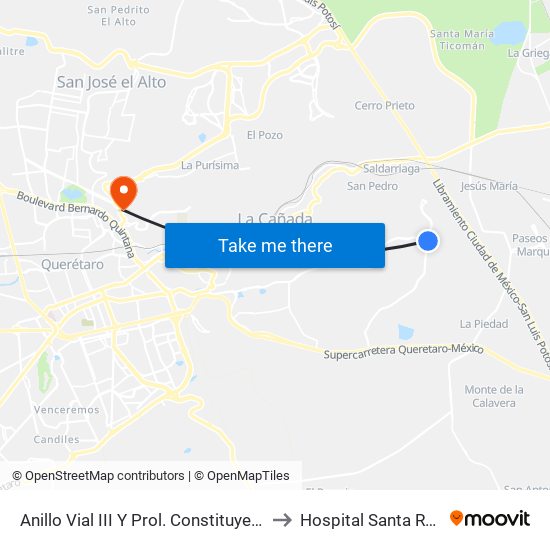 Anillo Vial III Y Prol. Constituyentes to Hospital Santa Rosa map
