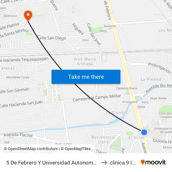 5 De Febrero Y Universidad Autonoma De Qro. to clinica 9 IMSS map