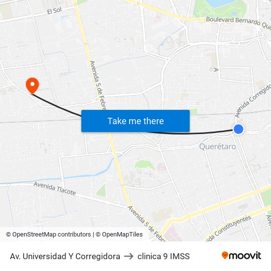 Av. Universidad Y Corregidora to clinica 9 IMSS map