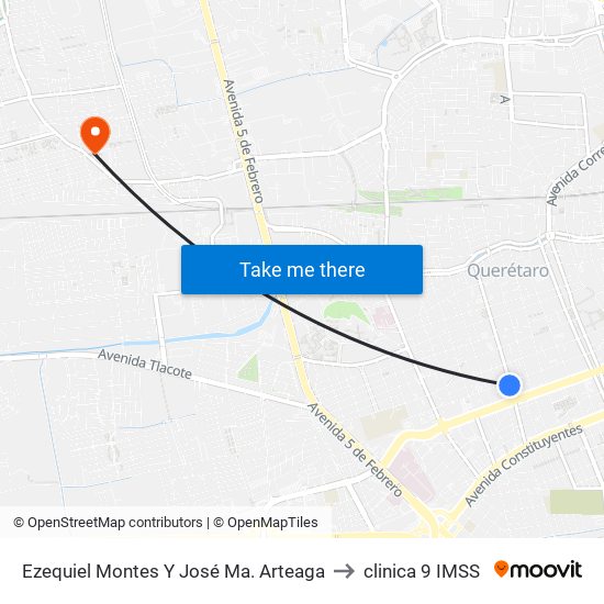 Ezequiel Montes Y José Ma. Arteaga to clinica 9 IMSS map