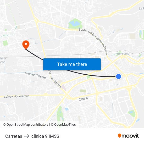 Carretas to clinica 9 IMSS map