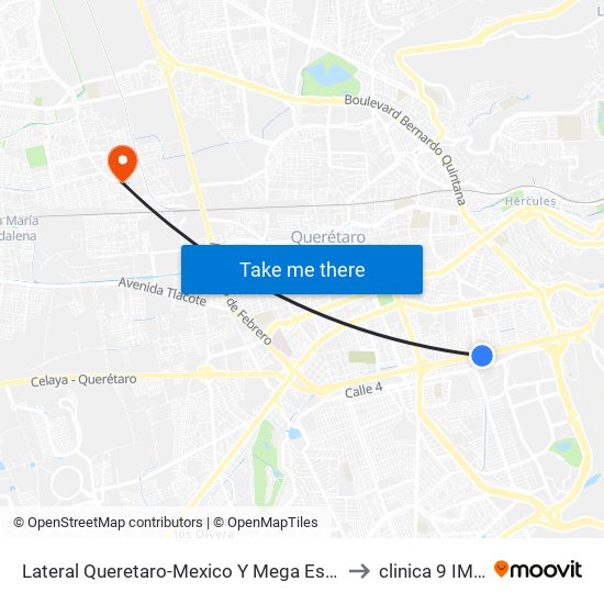 Lateral Queretaro-Mexico Y Mega Estadio to clinica 9 IMSS map