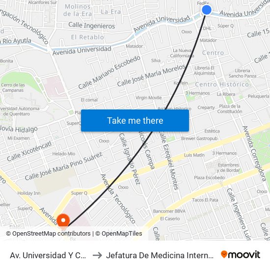 Av. Universidad Y Corregidora to Jefatura De Medicina Interna HGR 1 IMSS map