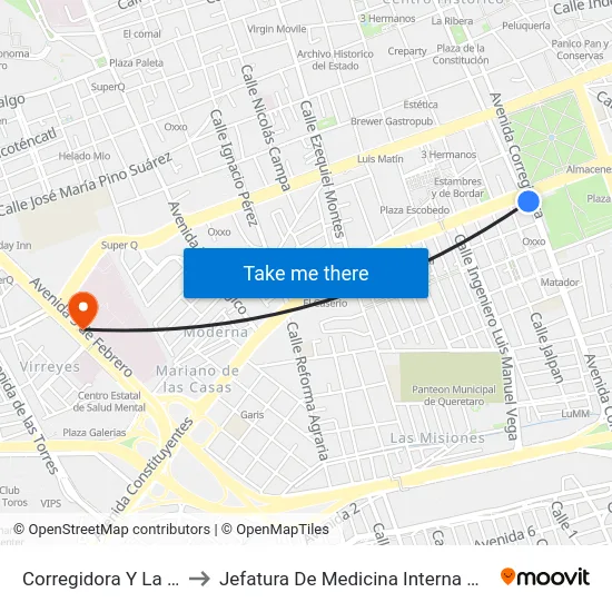 Corregidora Y La Fragua to Jefatura De Medicina Interna HGR 1 IMSS map