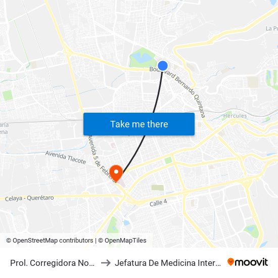 Prol. Corregidora Norte Y Morera to Jefatura De Medicina Interna HGR 1 IMSS map