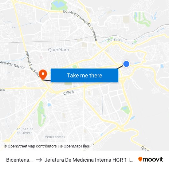 Bicentenario to Jefatura De Medicina Interna HGR 1 IMSS map