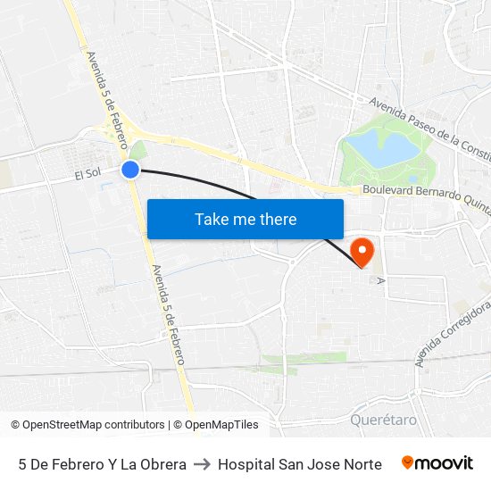 5 De Febrero Y La Obrera to Hospital San Jose Norte map