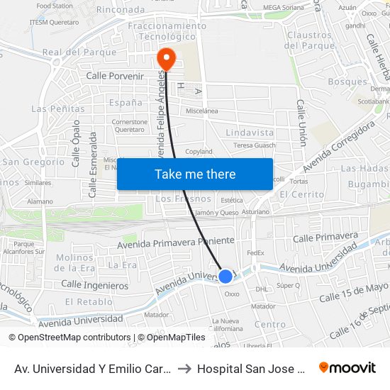 Av. Universidad Y Emilio Carranza to Hospital San Jose Norte map