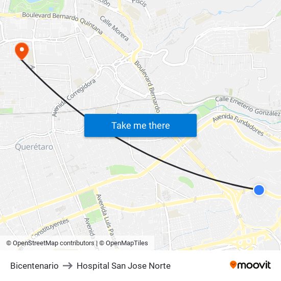Bicentenario to Hospital San Jose Norte map
