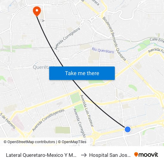 Lateral Queretaro-Mexico Y Mega Estadio to Hospital San Jose Norte map