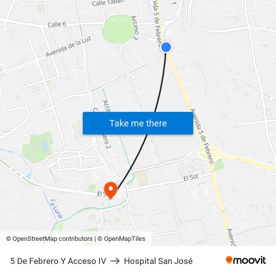 5 De Febrero Y Acceso IV to Hospital San José map