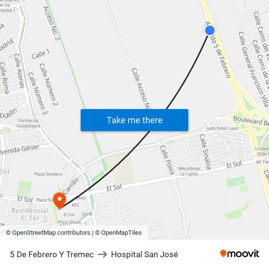 5 De Febrero Y Tremec to Hospital San José map