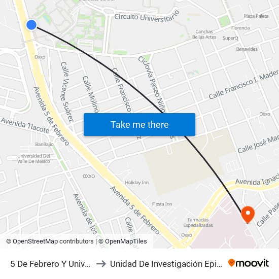 5 De Febrero Y Universidad Autonoma De Qro. to Unidad De Investigación Epidemiológica Y En Servicios De Salud map
