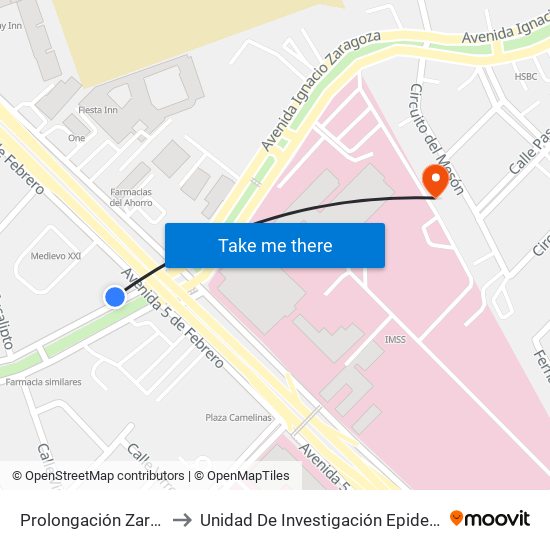 Prolongación Zaragoza Y 5 De Febrero to Unidad De Investigación Epidemiológica Y En Servicios De Salud map