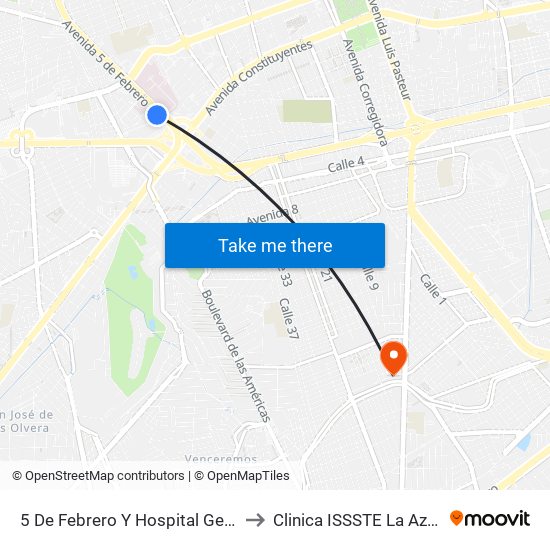 5 De Febrero Y Hospital General to Clinica ISSSTE La Azteca map
