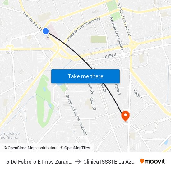5 De Febrero E Imss Zaragoza to Clinica ISSSTE La Azteca map