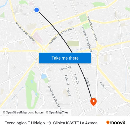 Tecnológico E Hidalgo to Clinica ISSSTE La Azteca map