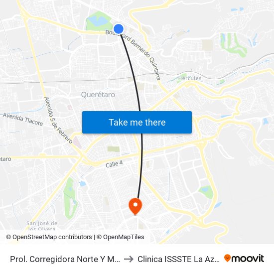 Prol. Corregidora Norte Y Morera to Clinica ISSSTE La Azteca map