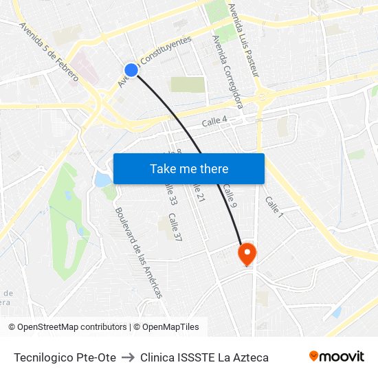 Tecnilogico Pte-Ote to Clinica ISSSTE La Azteca map